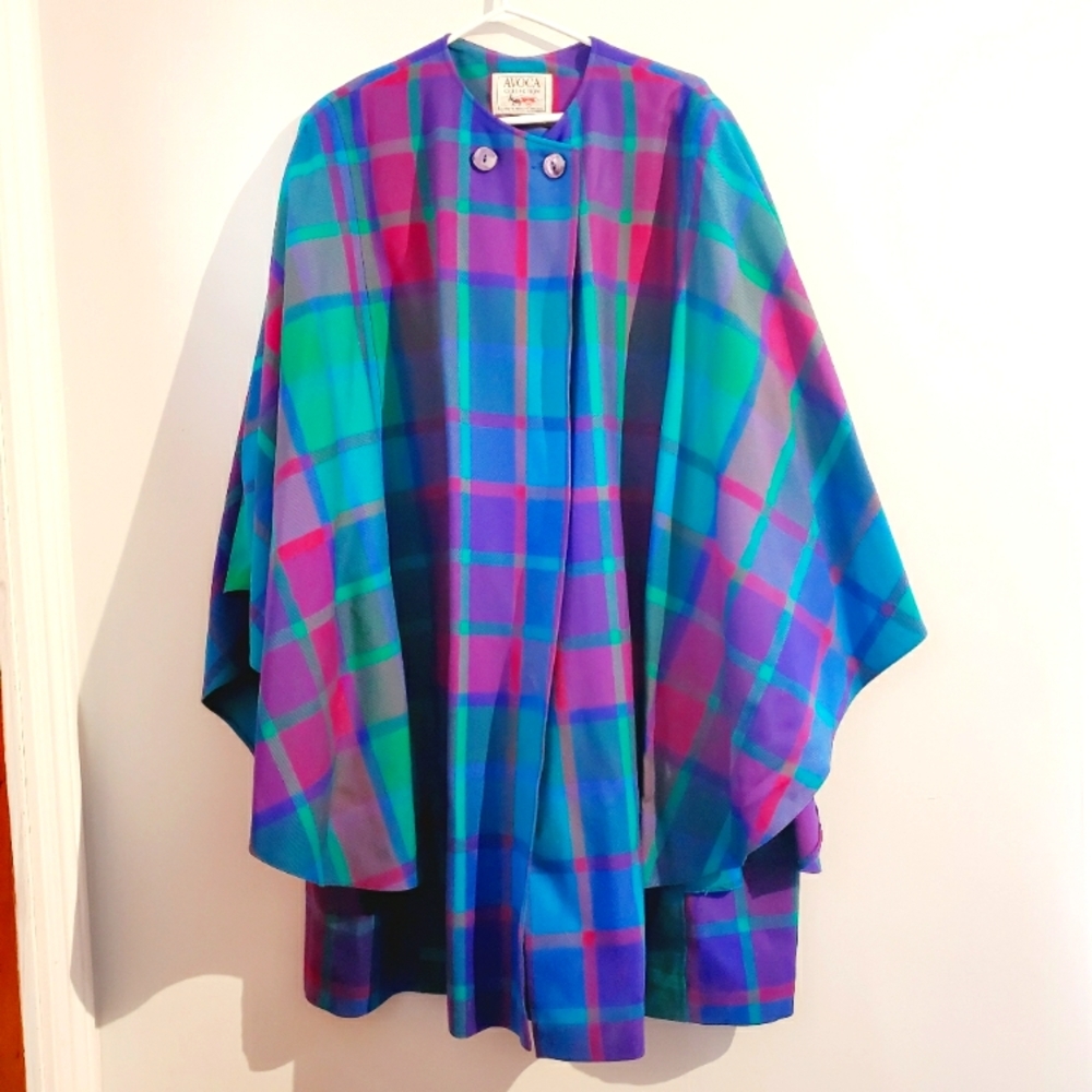 Vintage Wool Colorful Plaid Cape Purple Turquoise Aqua. Ireland. AVOCA Pockets.